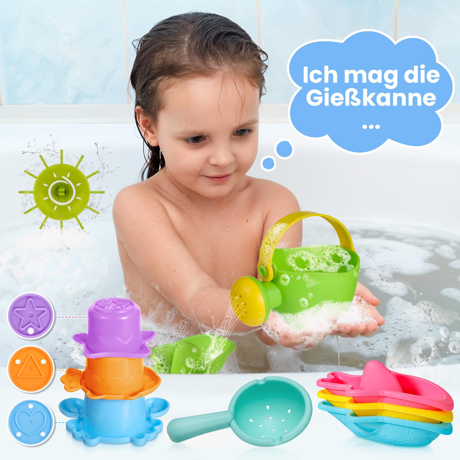Baby-Badespielzeug 5-teilig – Schimmelfrei, Stapelbare Becher, Gießkanne, Schaufel, Für Kinder 1–3 Jahre, Badezeit-Spaß