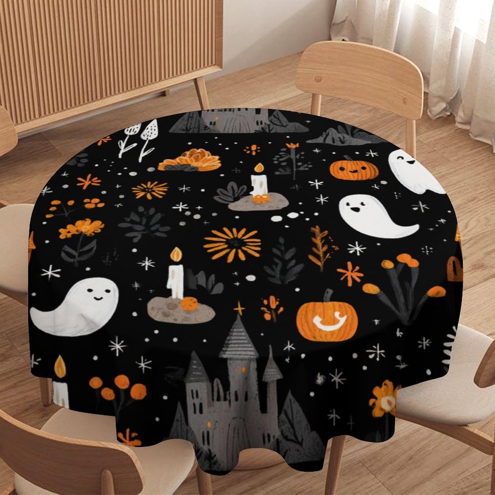 LUYYSKY Funny Modern Cute Ghost Waterproof Round Tablecloth Colorful Anime Halloween Castle Plant Pumpkin Pattern Washable Table Cover for Kitchen-177.8" Wx177.8 L cm