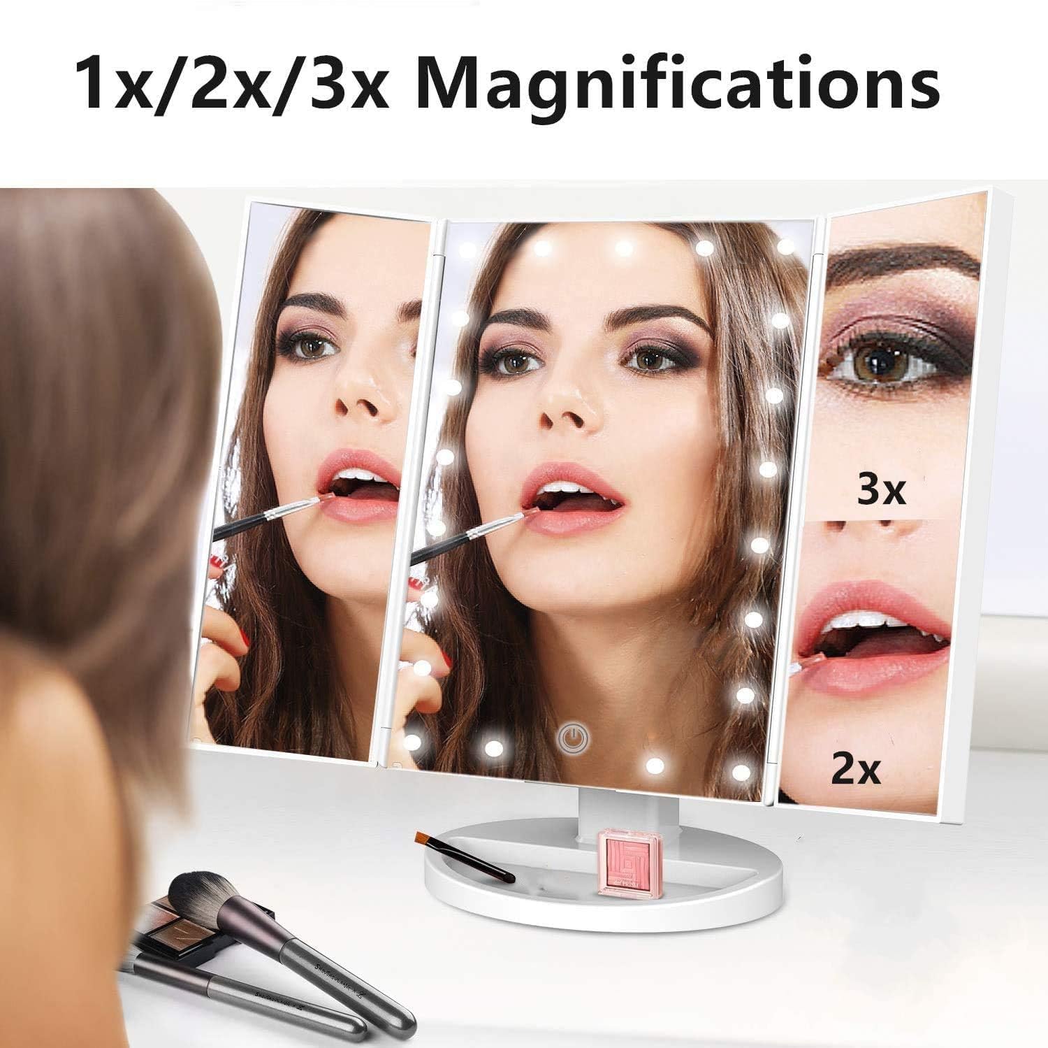 Trifold Makeup Mirror Vanity Mirror with Lights,1X 2X 3X Magnification,Touch Control,Adjustable Rotation,Dual Power Supply,Portable Travel Cosmetic Mirror,Birthday Gifts for Women,Teengirls
