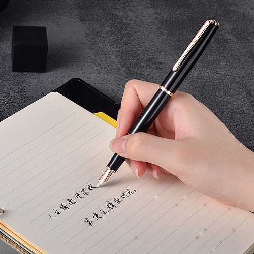 Miniatura 6 de Pluma estilográfica personalizada Hong-Dian 920 negra, punta extrafina chapada en oro rosa y ribete con juego de caja de regalo, grabado con tu