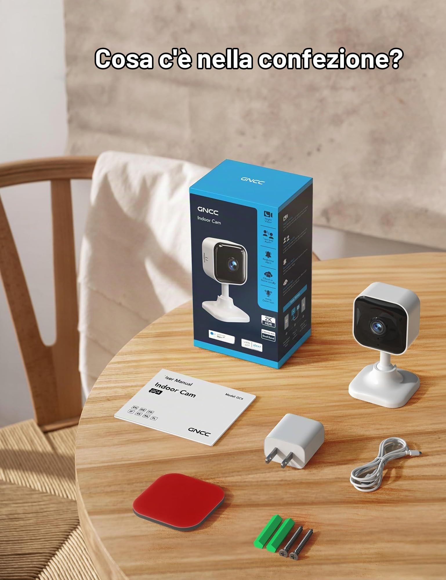 GNCC 2K 3MP Telecamera WiFi Interno con Visione Notturna 2.4/5GHz, Kit 4 | Baby Monitoring, Rilevamento Movimento, Audio Bidirezionale, Controllo App, Storage SD e Cloud