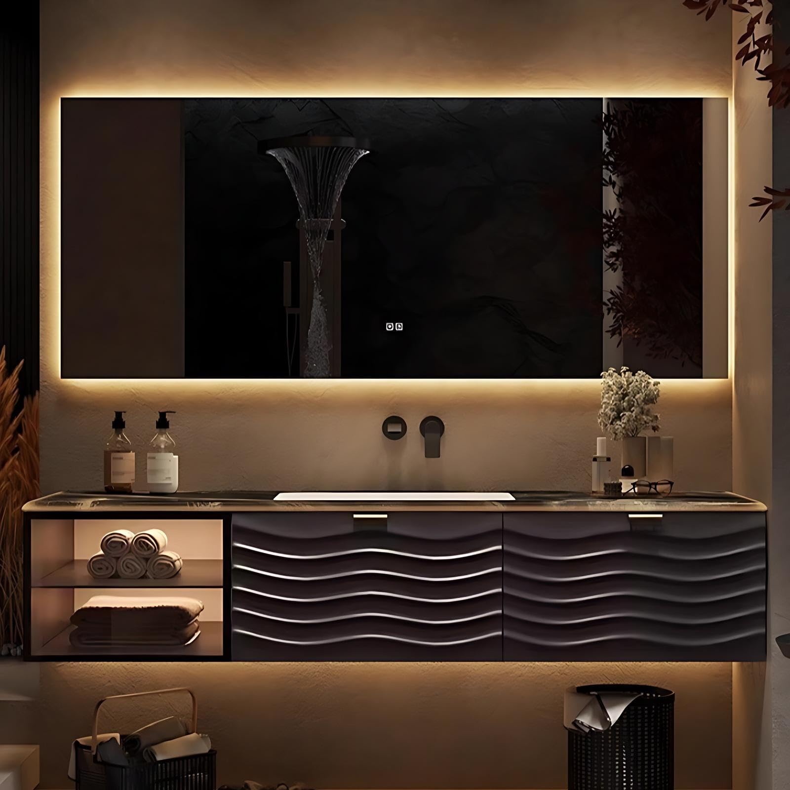 - Elegant Bathroom Vanity Set with Marble Countertop, Mirror Cabinet with LED Lights and Defogging Function, Bathroom Vanities with Sink, Wall - Mounted Faucet (A Black - Mirror Style, 48'')