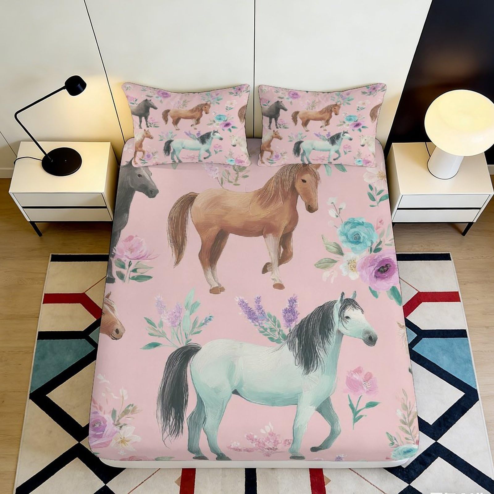 3D Printed Horse Meadow Fitted Sheet Microfiber Soft Pastel Floral Bed Cover for Bedroom Dorm Mattress Protection 90x200x25cm