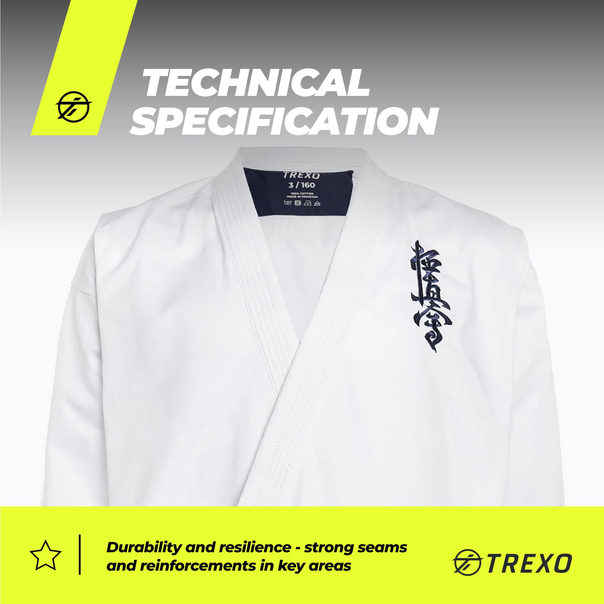 TREXO Karatega con bordado Kyokushin para karate en color blanco para 140 cm de estatura, juego de pantalones regulables, kimono, cinturón, ideal para principiantes, costuras fuertes, materiales