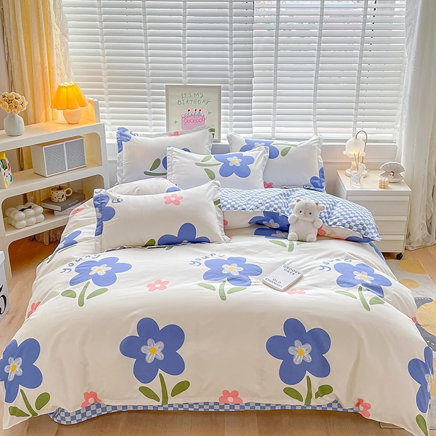 Housse de couette 200x200 avec taies d'oreiller 65x65 parure de lit fleurs bleues