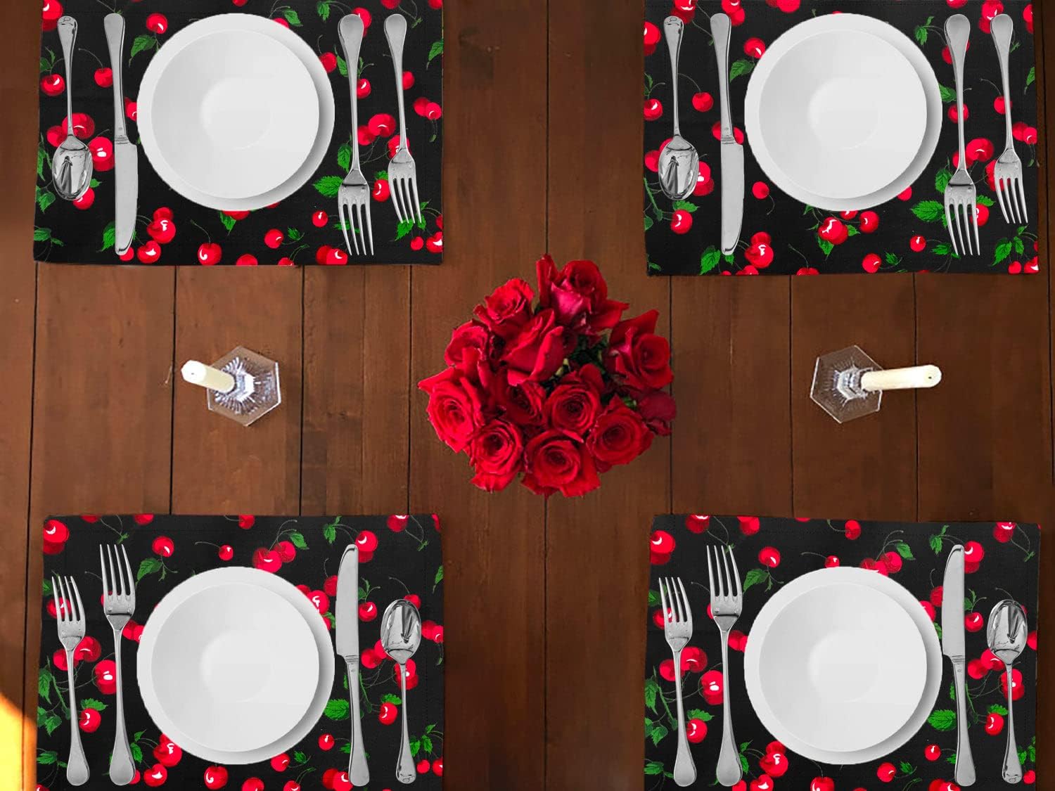 lovemyfabric Kitchen Fruit Collection Print Cotton Placemats 13" x 19" (Pack of 4) Dinner Table Decor Holiday Party Event Table Decoration (Chili Peppers Black)