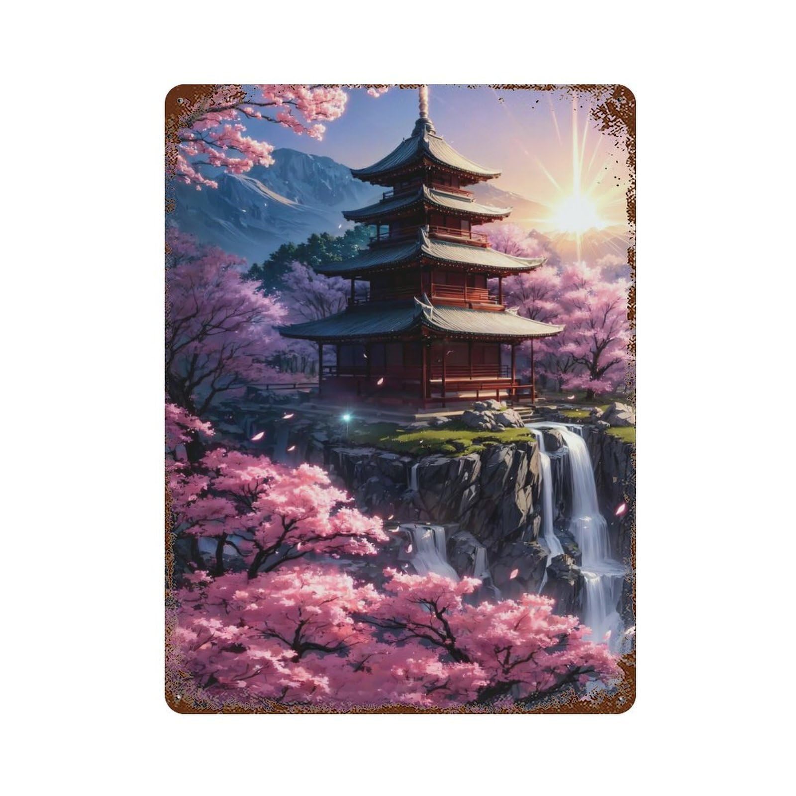 Garage Style Japanese Shrine Sakura Art Rusty Metal Tin Sign 15.7"x11.8", Shabby Chic Decor for Bar And Workshop