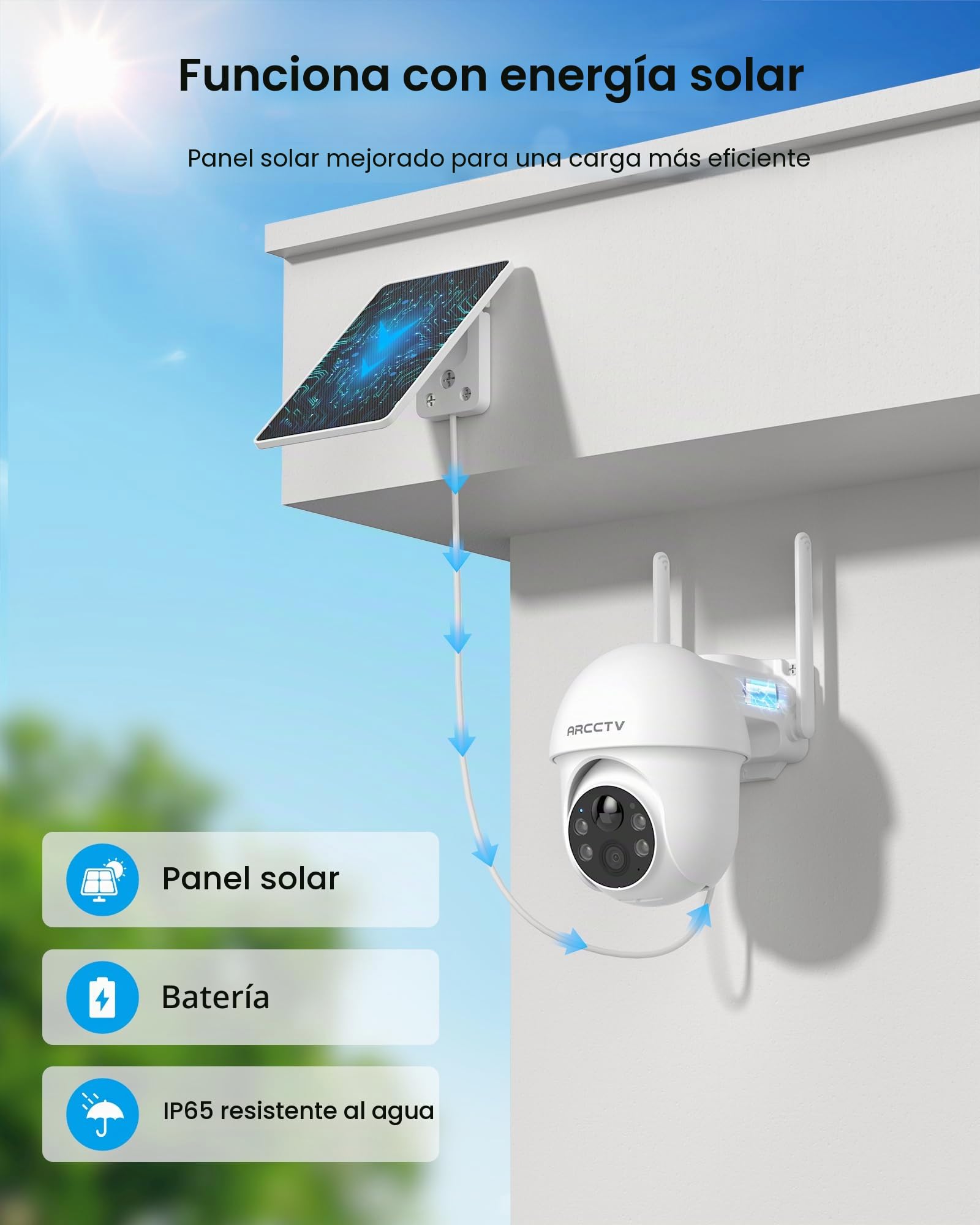 ARCCTV Cámara de Vigilancia Solar para Exteriores 4MP, Cámara con WiFi | Wifi de 2,4/5 GHz, Alarma con Detección de Personas, Visión Nocturna a Todo Color, Audio Bidireccional, Blanco