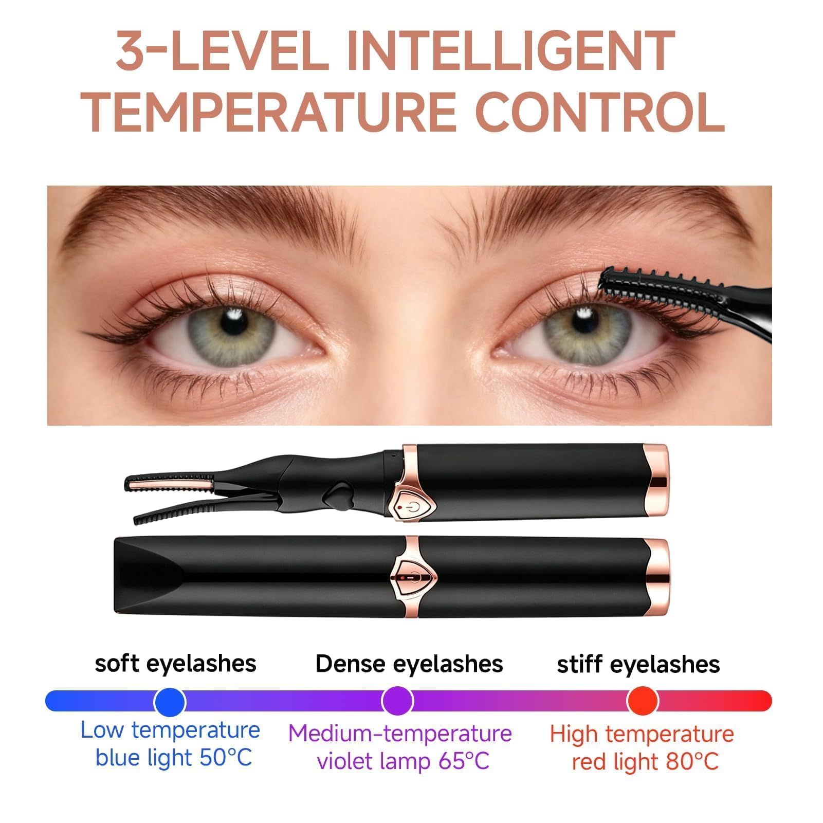 Rizador Pestañas Electrico, Heated Eyelash Curler con Termico Calienta en 10 seg 3 Accurate Temperaturas Hasta 95°C para Longue Efecto 24 Horas, Auto Off, Uso Rápido y Sencillo, Recargable por USB
