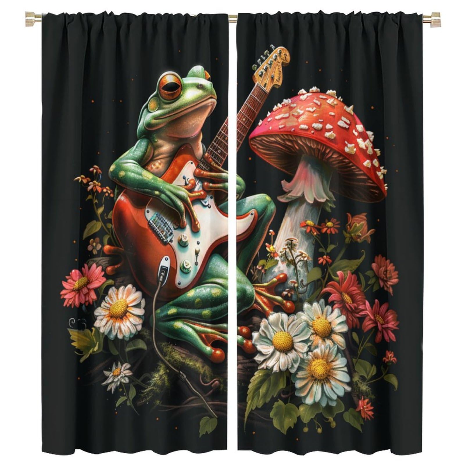 TOWINSFB Cartoon Frog Daisy Blackout Curtains for Bedroom Living Room, Abstract Guitar Nature Floral Curtains Rod Pocket Thermal Insulated Window