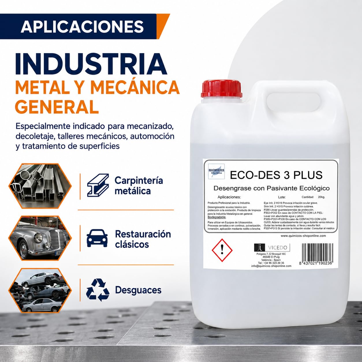 ECO-DES 3 PLUS 20 L, Desengrasante Ecológico con Pasivante para Piezas Metálicas, Uso Directo, Protección frente a la Oxidación, Ultrasonidos e Inmersión.
