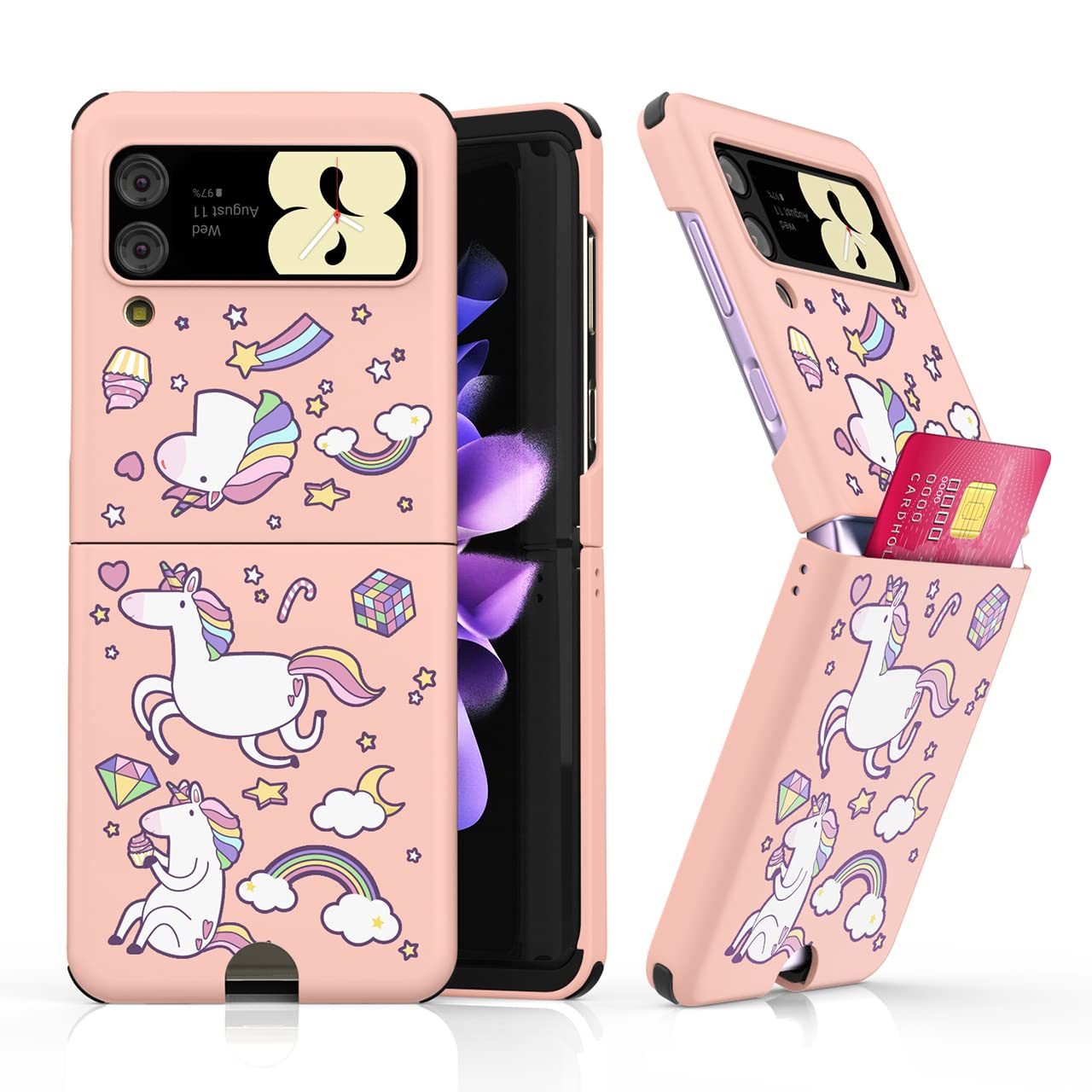 VVUPIC Designed for Samsung Galaxy Z Flip 3 Unicorn Card Slot Case, Heavy Duty Edge Protection Hard Case Cover