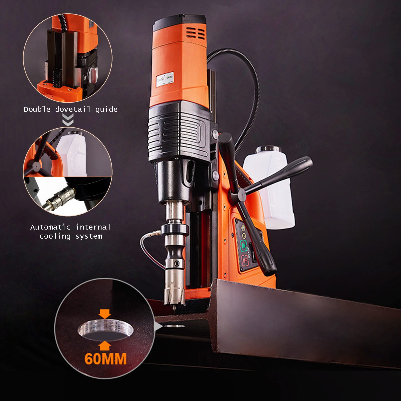 Taladro Magnético, 1500 W Taladro De Núcleo Magnético, MAX. 60 Mm Taladro Magnético De Columna, 15000 N Taladro Electromagnético, Sistema De Perforación Electromagnética