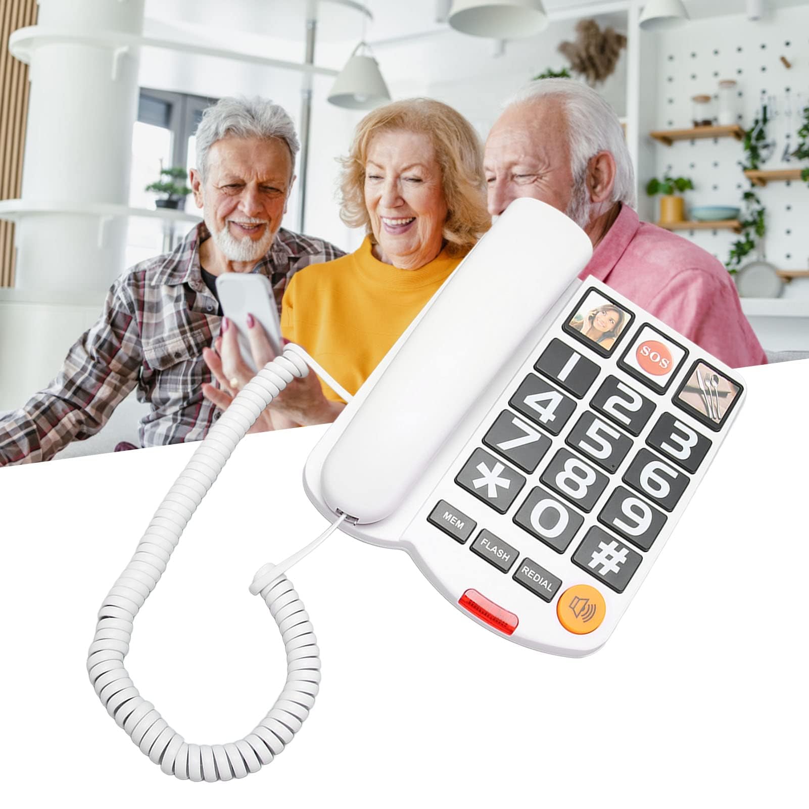 Téléphone Fixe à Gros Boutons pour Personnes âgées, Téléphone Fixe Filaire, Téléphone Photo Senior Photo Téléphone Fixe à Gros Boutons pour Malvoyants, Numérotation à Une Touche, (Blanc)
