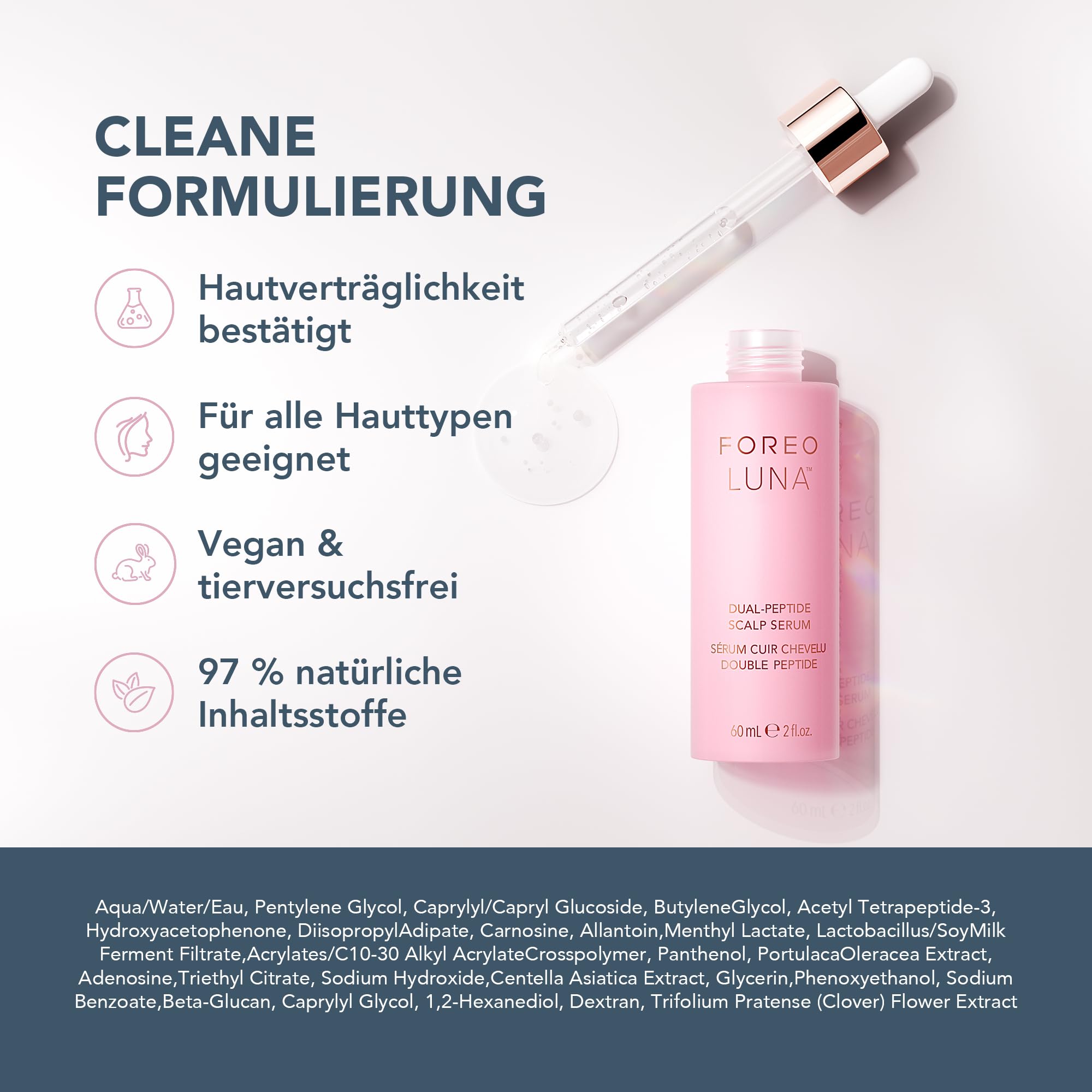FOREO LUNA Dual-Peptid-Kopfhautserum - Haarwachstumsserum & Kopfhautbehandlung mit Peptidkomplex, Cica & Portulak - Haarserum für Haarwachstum, Behandlung gegen Haarausfall - 60ml | Kopfhautserum, Haarwachstumsserum, Dual-Peptid, Cica, Portulak, Haarverdi