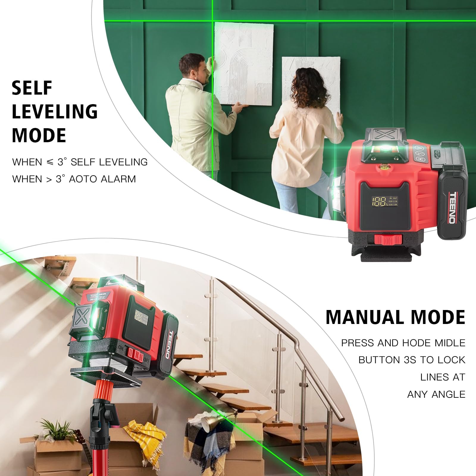 TEENO Rotatif Niveau Laser 360°x4,4D 16 Line Verte, Batterie Rechargeable 4800 mAh x 2, Niveaux Laser avec Télécommande et Trépied, avec Affichage Numérique LCD
