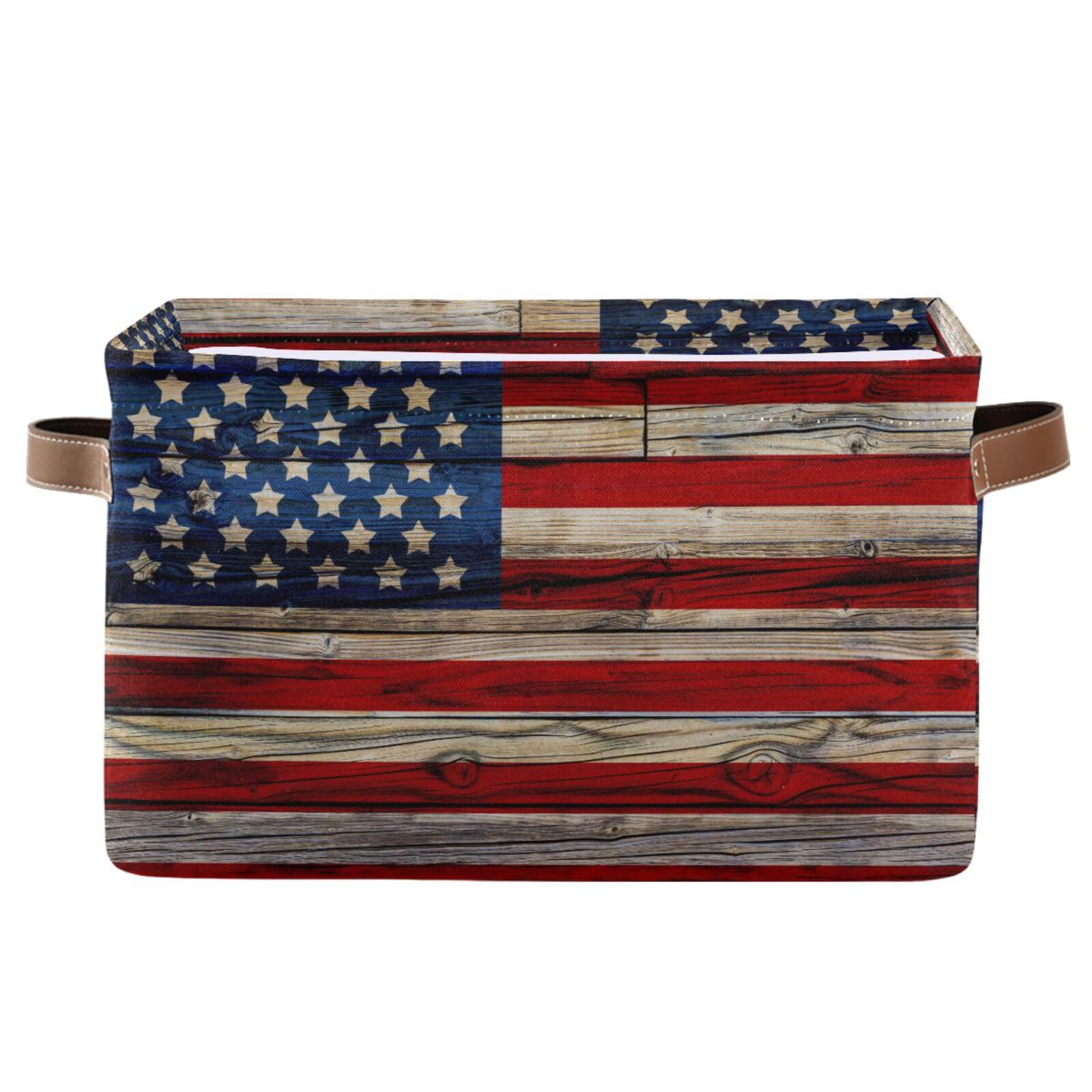 HOYYU Vintage Flag Basket Decor Wooden Patriotical Storage Bin Baskets For Shelf Closet Foldable Fabric Storage Box Cube With Handle Large Kids Toys