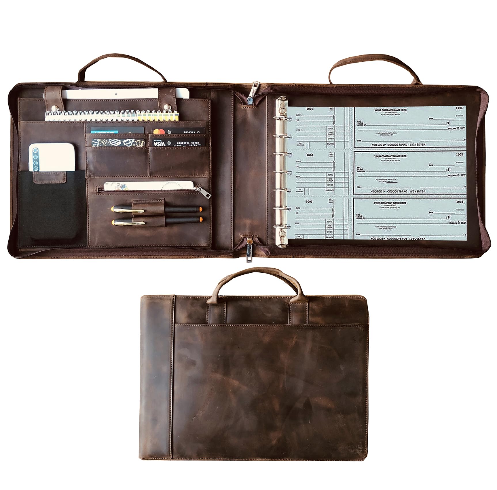 7 Ring Check Binder Cowhide Leather Check Portfolio for 3-Up Business Size Checks, Check Binder with Handle, Zippered Check Holder with 600 Check Capacity, Business Check Binder 7 Ring