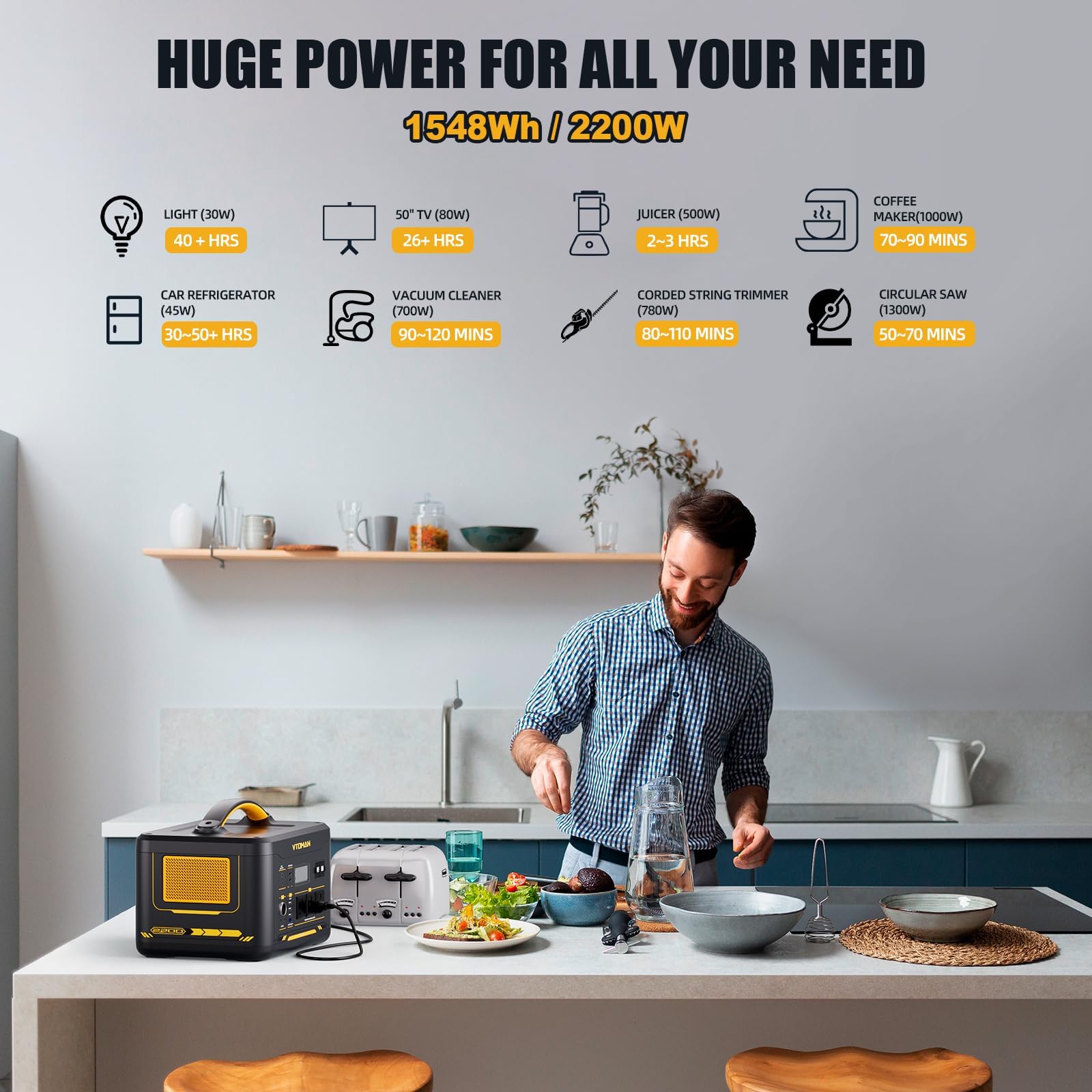 VTOMAN Jump 2200 Portable Power Station with 1*400W Solar Panel - 2200W/1548Wh LiFePO4 Battery Powered Solar Power Generator, 2200W Constant-Power, Regulated 12V DC, PD 100W Type-C for Camping, Travel — view 9
