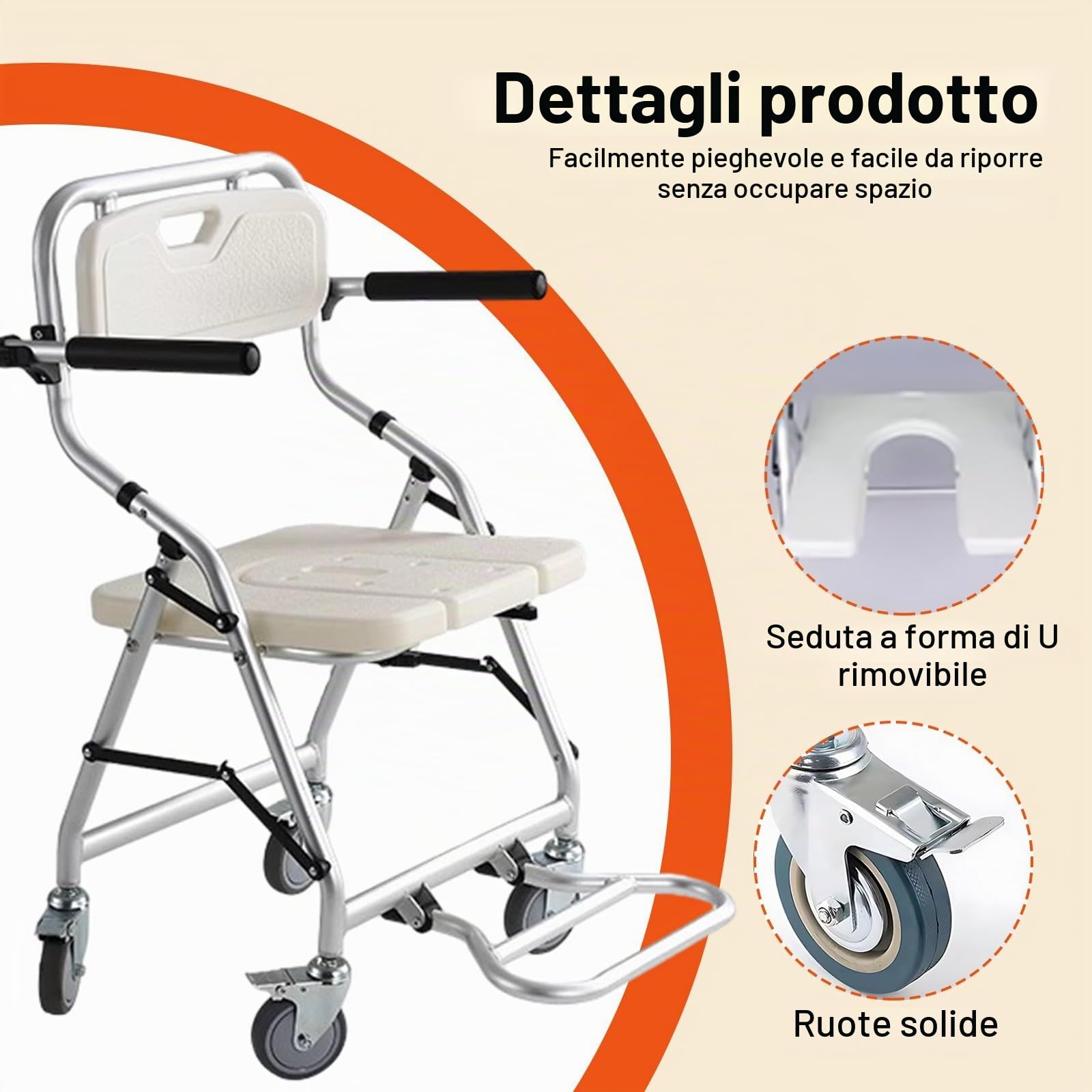 Sedie per Doccia Anziani e Disabili Pieghevole, Professionale Sedia a Rotelle per Doccia, Sgabello Doccia con Braccioli e Poggiapiedi - Robusto e Durevole - Impermeabile e Antiruggine