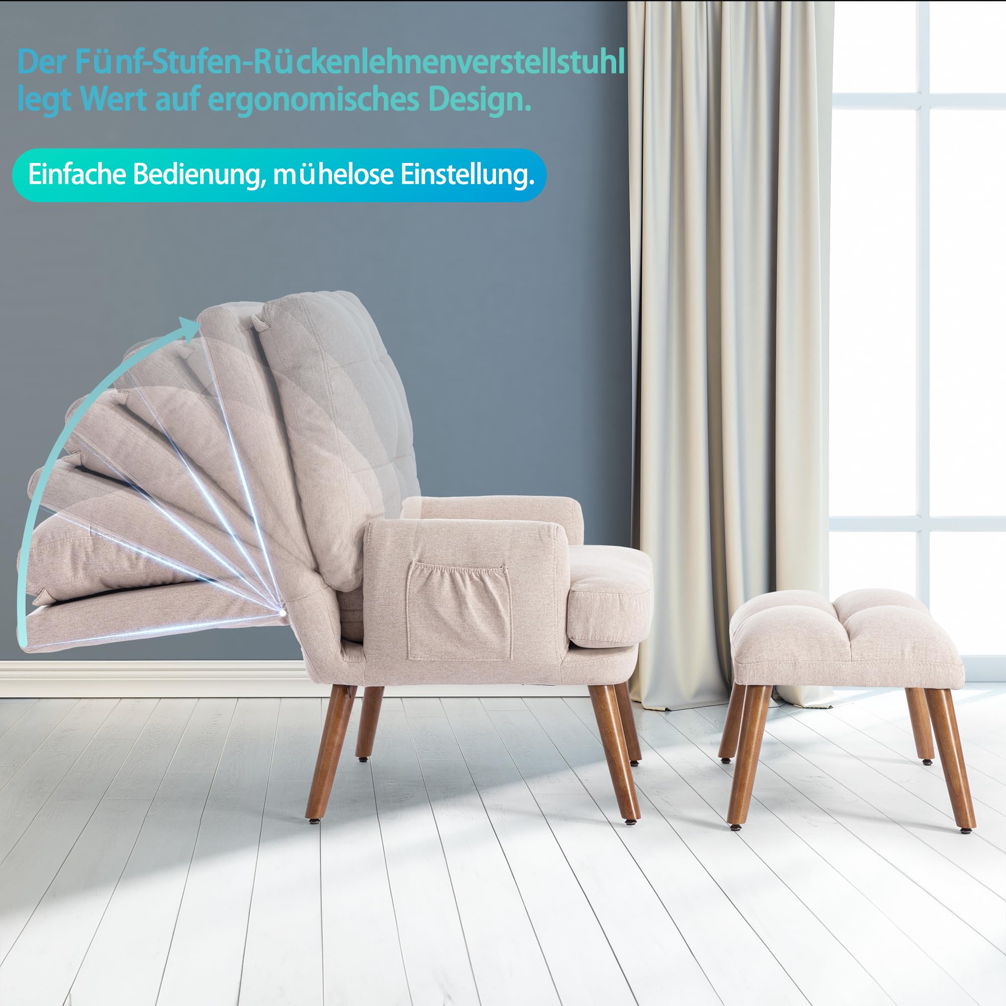 Merax Poltrona relax con funzione reclinabile a 10 livelli, comoda poltrona con sgabello, poltrona con tasche laterali, beige