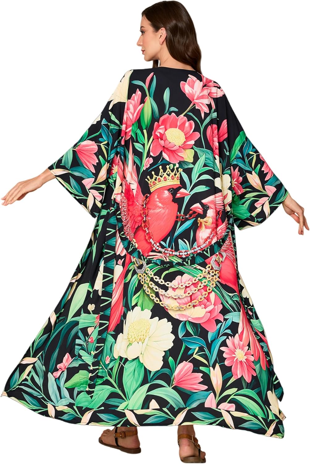 Swimsuit Coverups for Women Long Kimonos Robes Peocock Flower Printed Boho Beach Cover Ups Summer Holiday Sarong Wraps