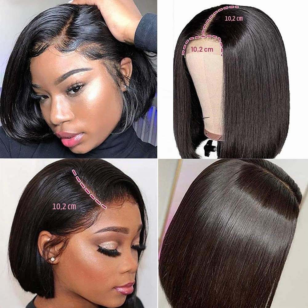 Corto Bob Peluca de cabello humano Cabello liso 4x4 Encaje Frontal peluca Brasileña Virgen Cabello humano Sin cola Pelucas para mujeres con cabello de bebé Color negro natural 10 pulgadas