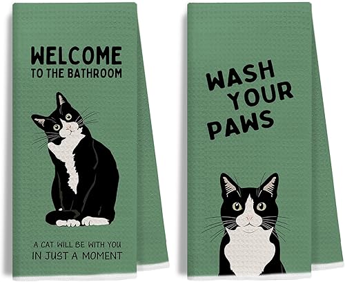Retro Green Tuxedo Cat Bathroom Hand Towels, Cat Bathroom Decor, Black and White Kitty Kitten Hand Towels for Washroom Restroom, 16x24 Inches Set of