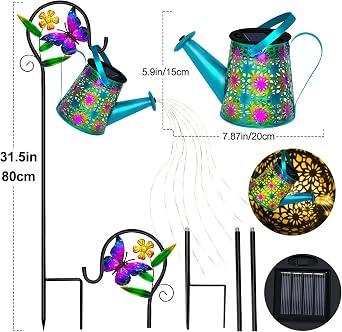 Solar Garden Lights Outdoor Decor, Butterfly Watering Can Shepherd Hook