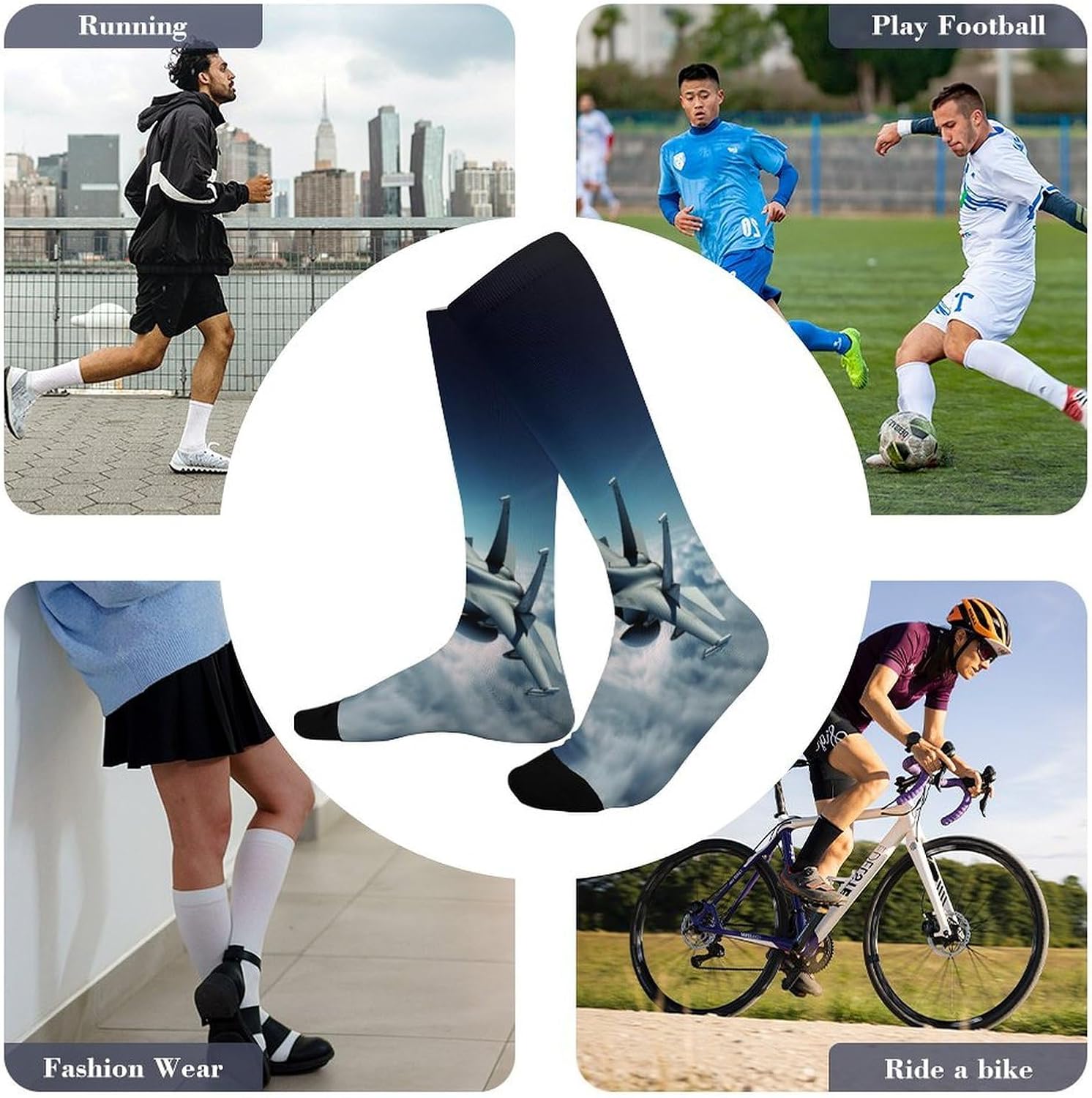 Aircraft Fighter Jets Compression Sock Circulation Support Socks Lightweight Knee High Tube Sock Over-The-Calf Sock for Adult