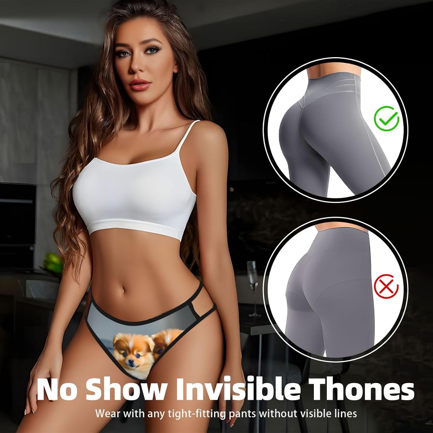 Pomeranians Puppies And Point Print Sexy Underwear G String Thongs For Women Low Rise No Show Workout Panties For Sports And Yoga Black