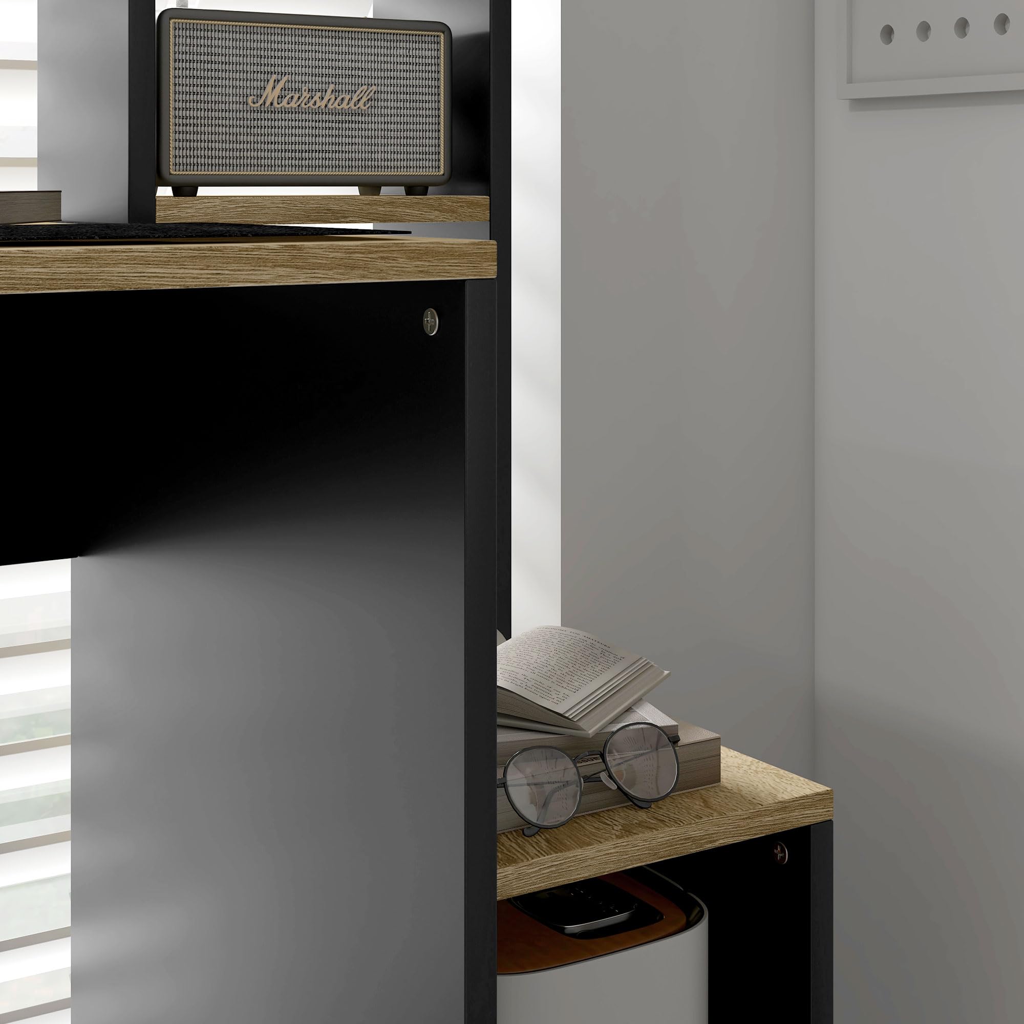 HOMCOM Scrivania per Ufficio e Studio con 3 Ripiani, Scrivania in Legno con Supporto per CPU, 114x45x138cm, Grigio e Legno Naturale