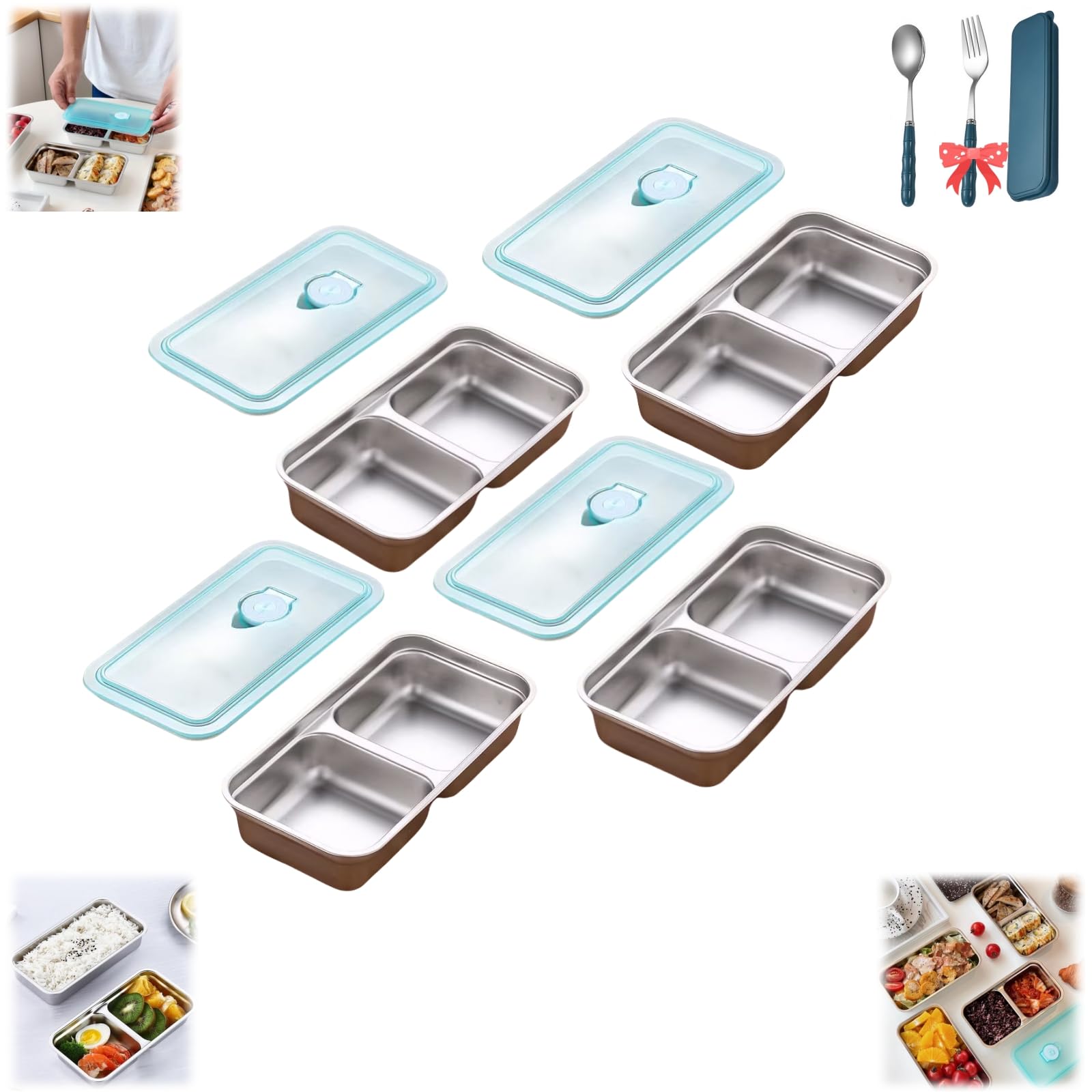 Stainless Steel Containers with Lid,Grab and Go Snack Containers and Airtight Food Storage Containers for Carrying Snacks,Bento to School,Work,Outdoor Camping and Traveling (Double compartments,4pcs)