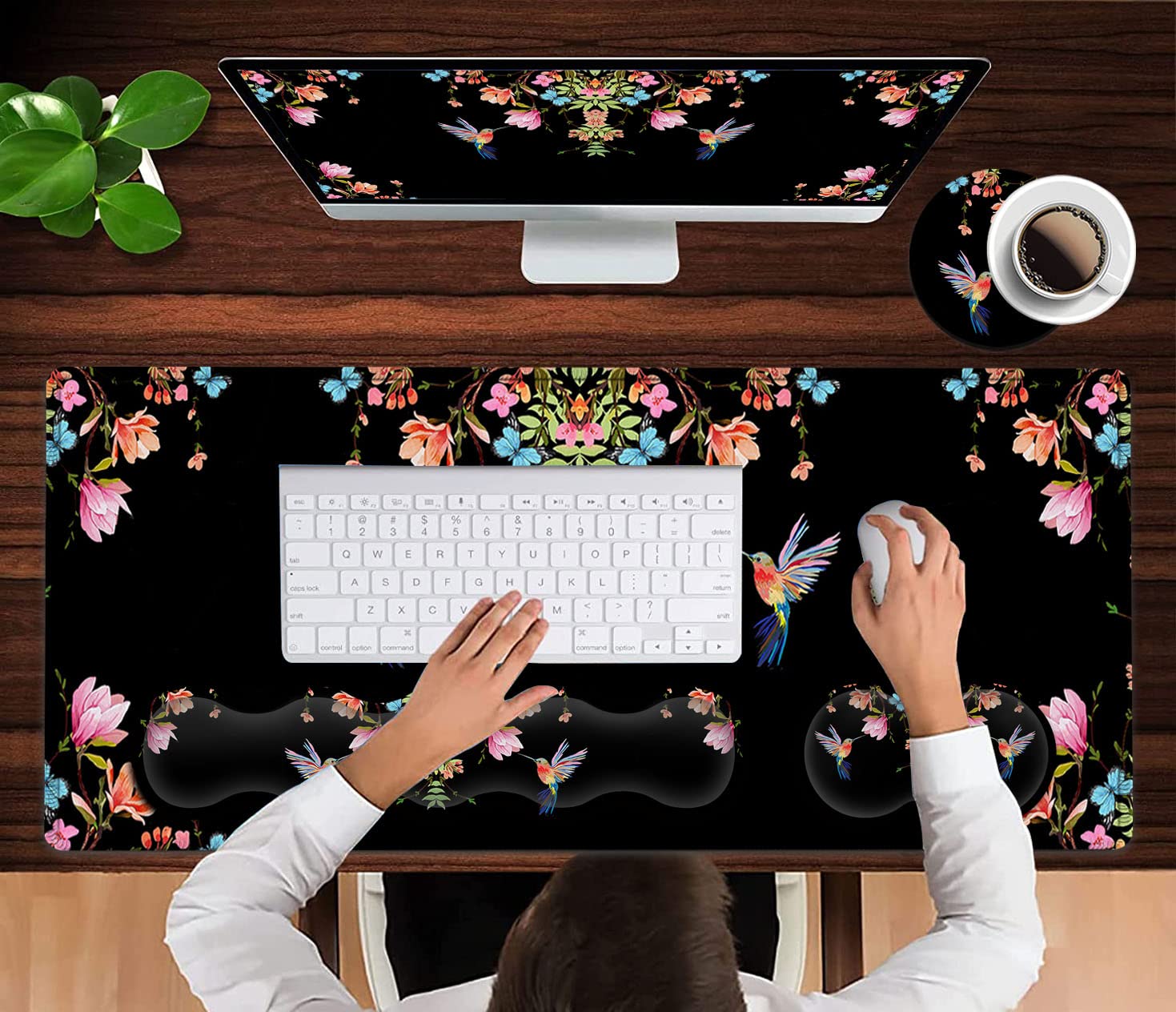 Erweitertes schwarzes Gaming-Mauspad, ergonomische Memory-Schaum-Tastatur-Handgelenkauflage und rutschfeste Maus-Handgelenkauflage für Laptop, Schreibtisch, Schreibblock, Kolibri, Aquarell-Blume,