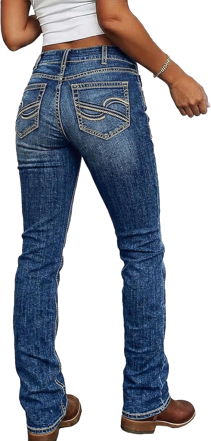 Flamingals Embroidered Bootcut Jeans for Women Mid Rise Stretchy Criss Cross Graphic Curvy Bell Bottom Jeans