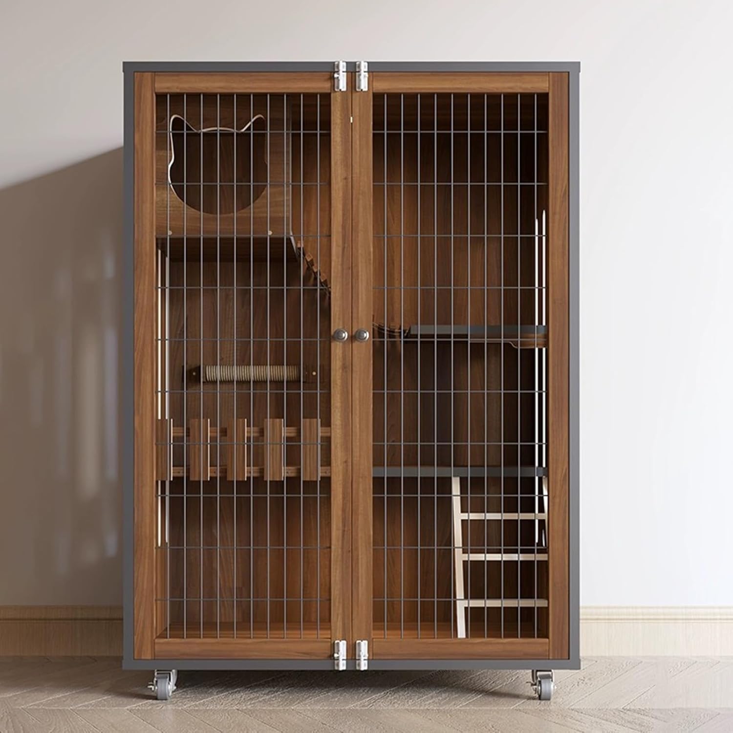 Cat Cage, Solid wood Cat Playpen with Wheels, Small door on The side, Breathable on 3 sides, Very suitable for 1-2 cats for indoor use(Walnut color,35.4x47.2)
