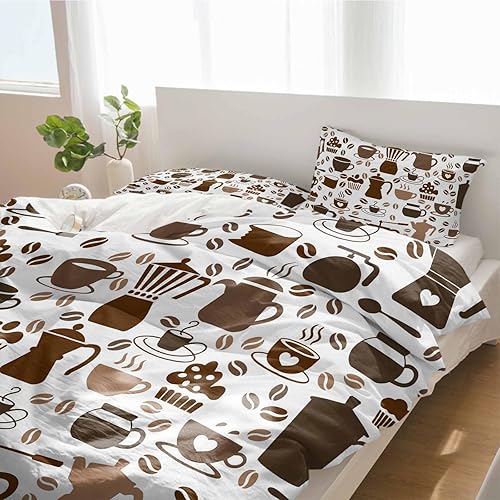 Duvet Cover Set Cal King, Coffee Maker Beans Cups Cake 3 Piece Bedding Set Breathable Quilt Cover Set, Coffee Time Soft Microfiber Bed Set with