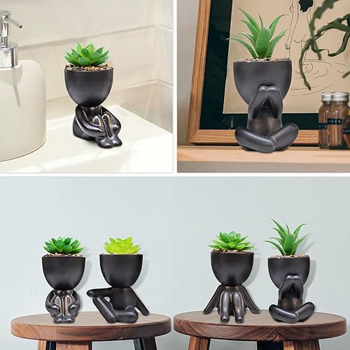 Miniatura 7 de SEMSOIIO 4PCS Fake Succulents Artificial in Black Modern Human Shaped Ceramic PotsMini Succulents Plants Fake Plants Bathroom DecorCute Desk Decor