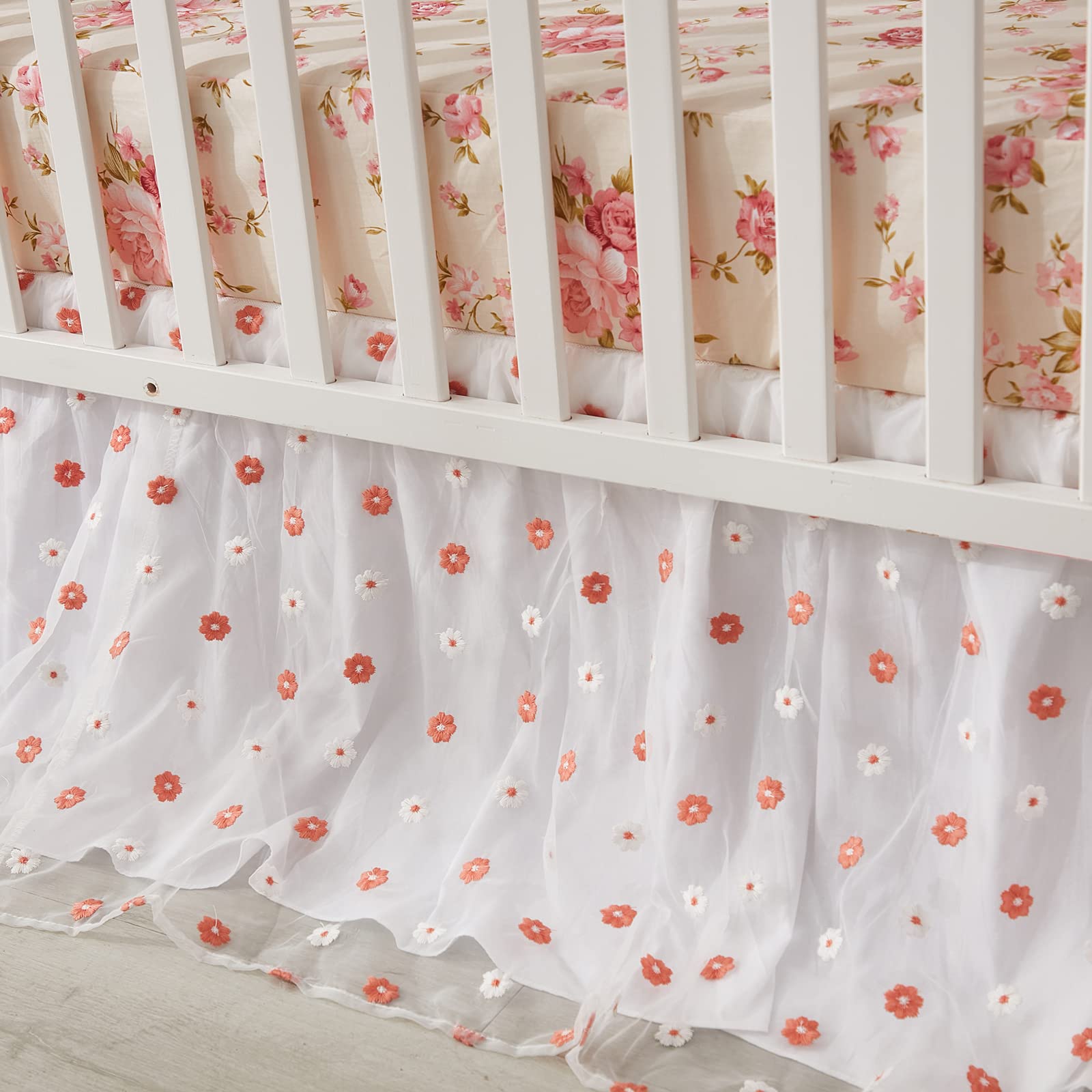 Brandream Juego de sábanas de cuna floral Shabby para niñas, juego de sábanas de algodón – 6 piezas, beige