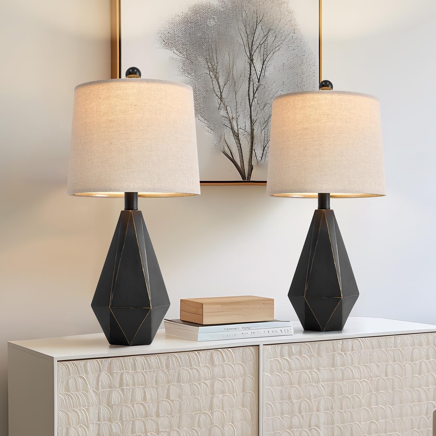 CCXXYGWJ Lampada da Tavolo Rustica in Stile Rustico con Paralume in Lino, Camera da Letto, Comodino, Decorazione, Nero con Oro, Confezione da 2, Adatta per Soggiorno, dormitorio, Ufficio,