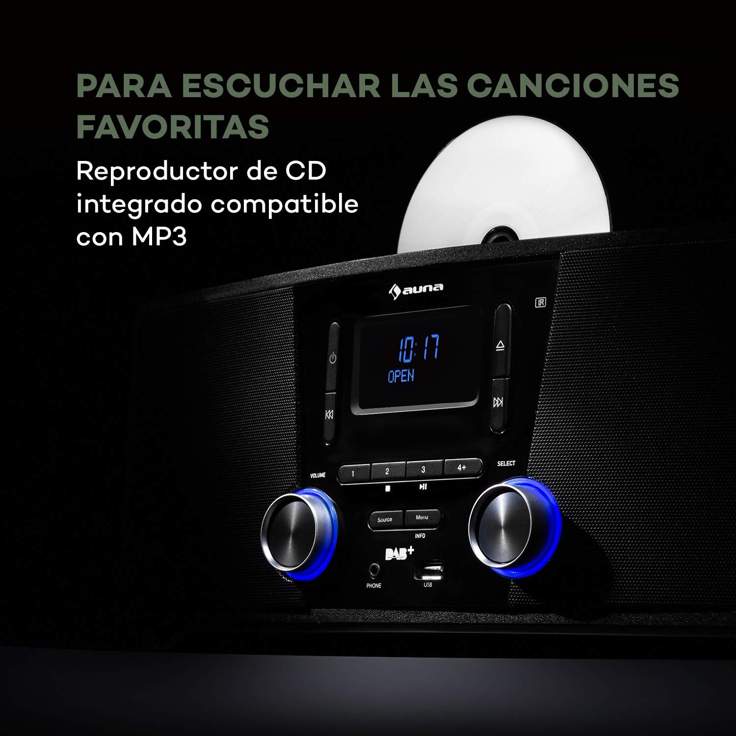 auna Stockton - Equipo de música estéreo, Potencia de 20 W, Radio Dab+/UKW, Función RDS, Reproductor de CD, Bluetooth, Puerto USB, Entrada AUX, Pantalla OLED, EQ, Programable, Despertador, Antracita