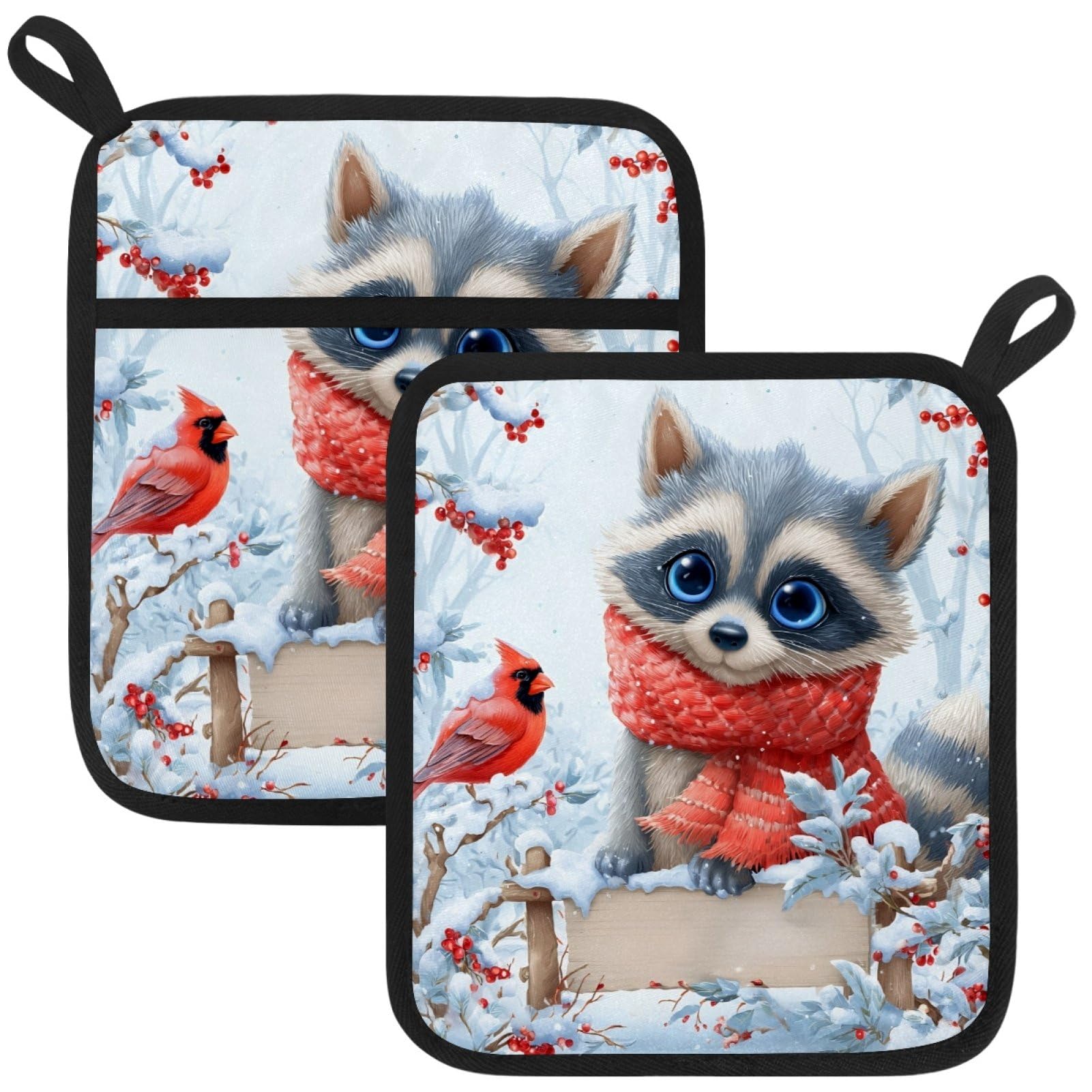 VAPOKF Cute Raccoon Pot Holders with Pocket for Kitchen Heat Resistant Potholders Large Polyester-Cotton Square Oven Mitts Set