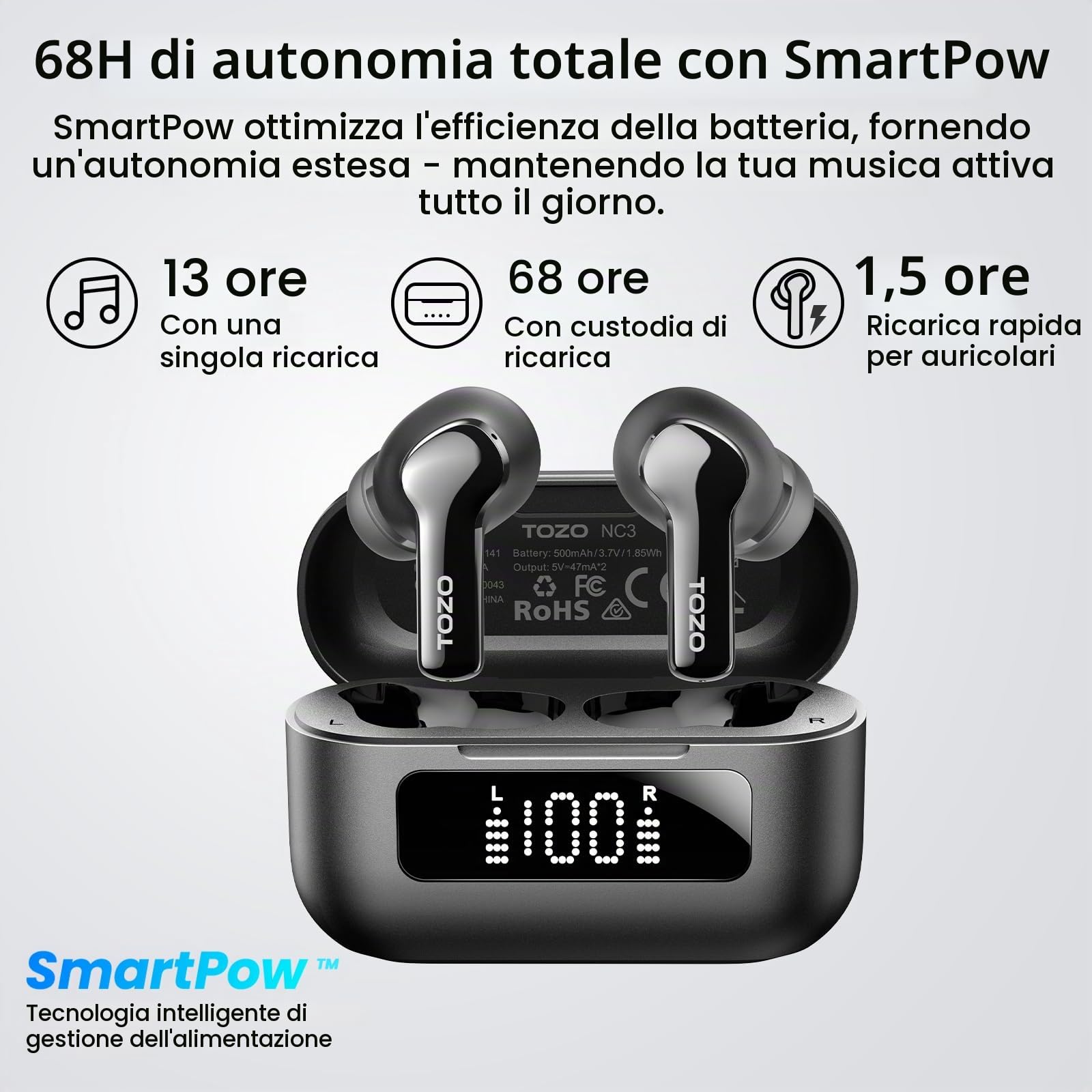 TOZO NC3 Cuffie Bluetooth 5.3 con Ibrido ANC Chiamata IA ENC | ORIGX 2.0 Acustica EQs Regolazione 68 Ore Riproduzione LED Schermo Gioco Modalità USB Tipo C IPX8