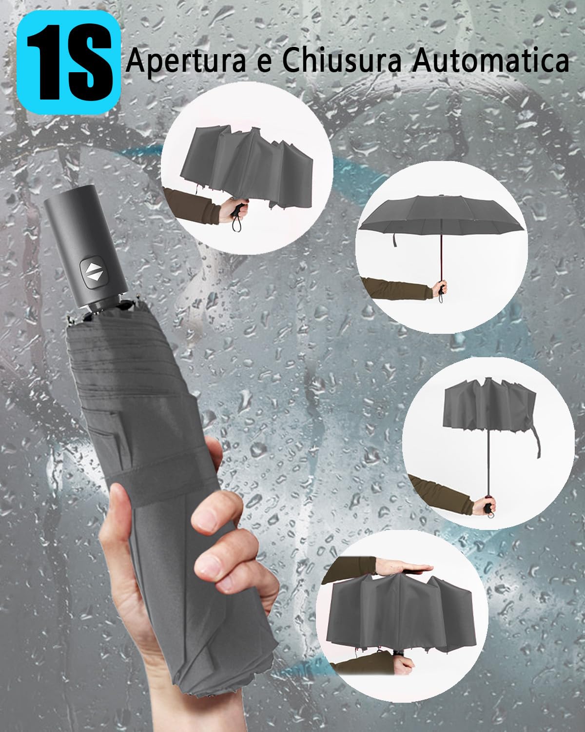 HW CASA Ombrello Pieghevole Antivento,105CM Ombrello Automatico,8 Stecche Rinforzo in Fibra di Vetro Ombrello Antivento Robusto,Compatto e Portatile Ombrello da Viaggio,Ombrello Uomo e Donna