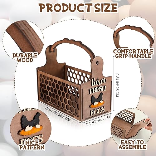 Miniatura 2 de Suzile Cesta de huevos de madera rústica, cesta de huevos de alambre de madera de pollo, cesta de huevos estilo granja, soporte para huevos de