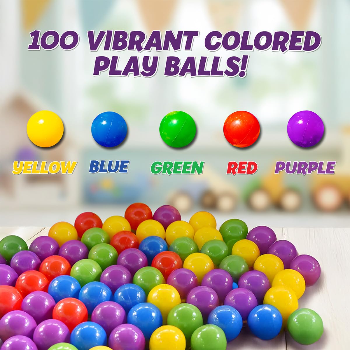 Sunny Days Entertainment 100 Count Multi Colored Play Balls – Phthalate and BPA Free Non-Toxic Crush Proof Plastic Ball Pack - Balls for Toddler Ball Pit in Reusable Storage Bag with Zipper