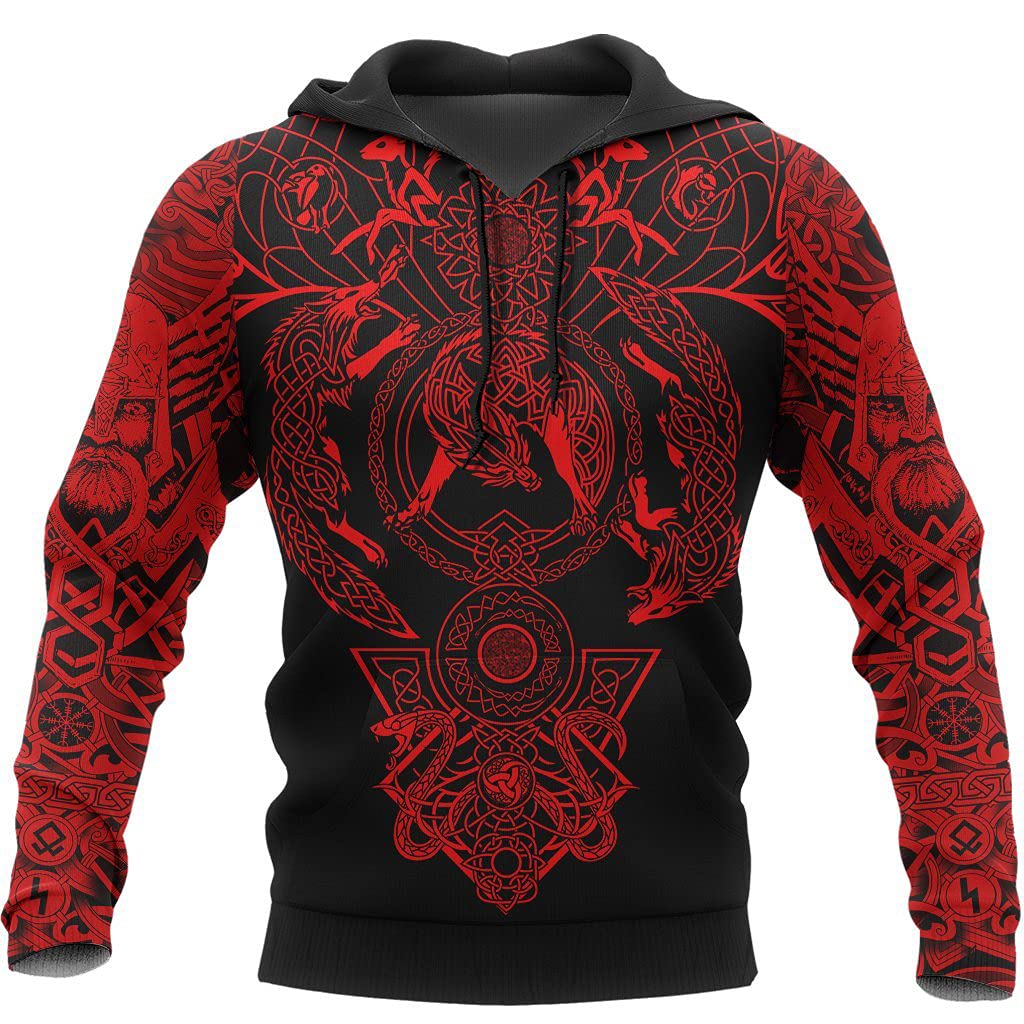 Norse MęSka Viking Odin Fenrir Celtic Wolf Rozpinana Bluza z Kapturem, 3D na CałEj Powierzchni z Nadrukiem Celtycki WęZeł Runy TatuażE Swetry Bluzy,Hoodie red,4XL