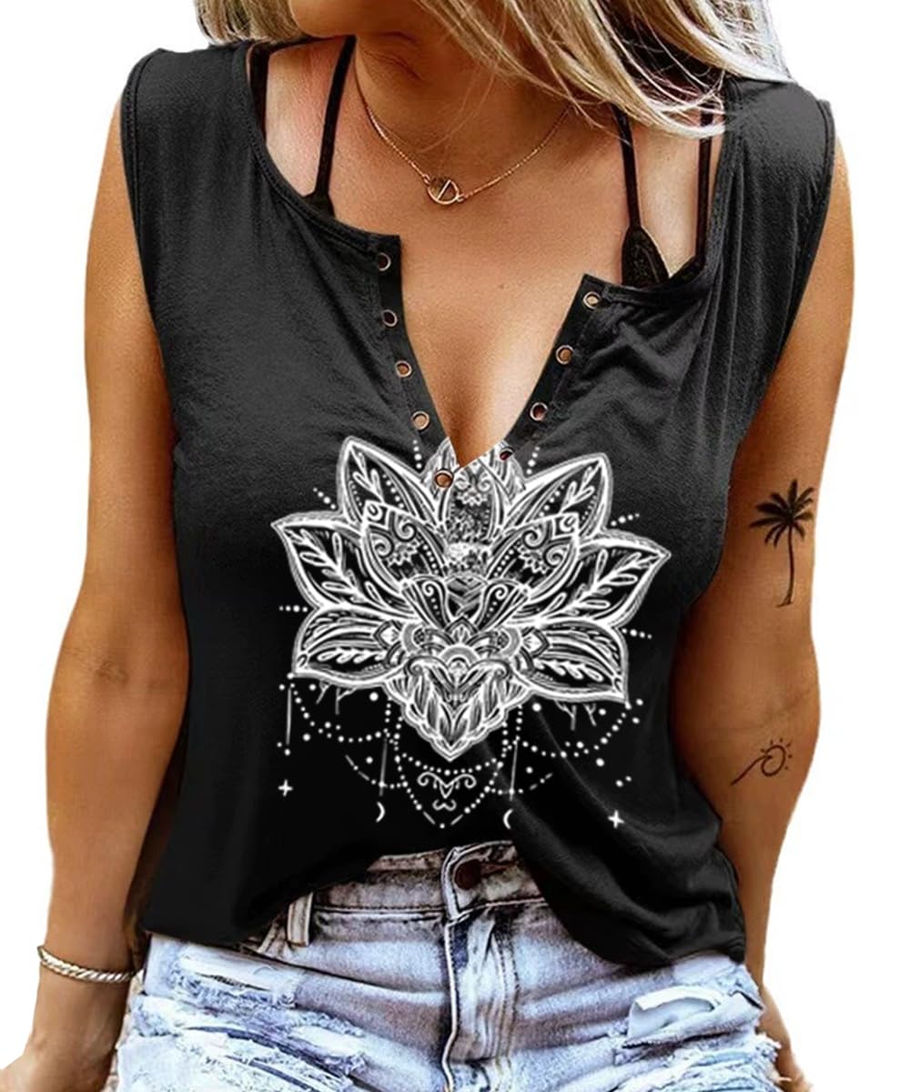 REBOYA Damen Tops Sommer Tank Top V-Ausschnitt Drucken Ärmel