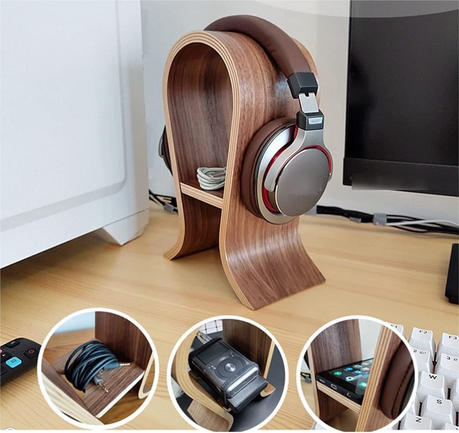 OLTETZ Supporto per Cuffie Supporto Cuffie Stand Cuffie Supporto Per Cuffie In Legno Massello Supporto Per Cuffie A Forma Di U Con Ripiano Multifunzione Supporti per Cuffie