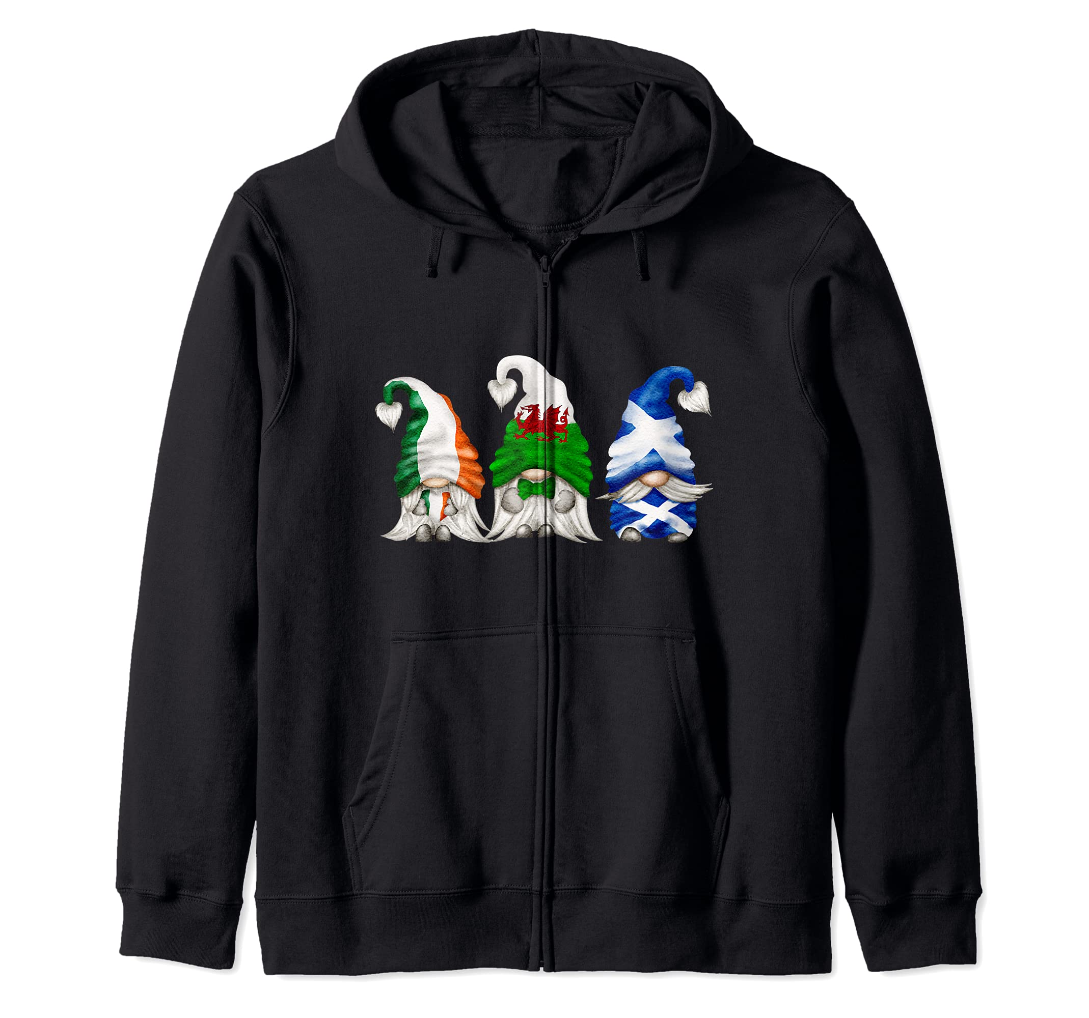 Wales Scotland Ireland Gnome Zip Hoodie, Black